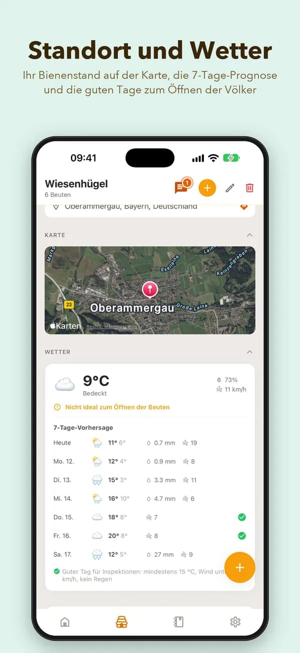 Standort und Wetter. Ihr Bienenstand auf der Karte, die 7-Tage-Prognose und die guten Tage zum Öffnen der Völker
