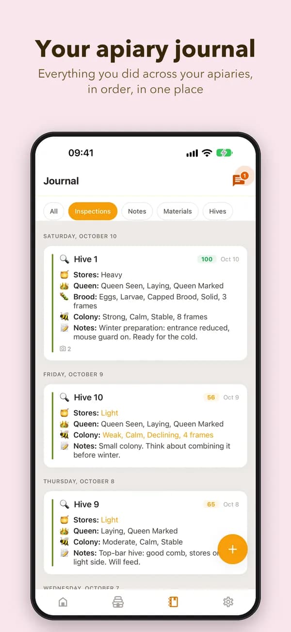 Your apiary journal. Everything you did across your apiaries, in order, in one place
