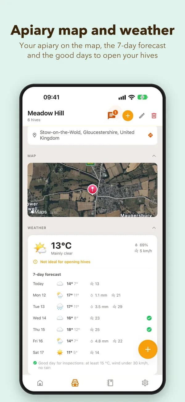 Apiary map and weather. Your apiary on the map, the 7-day forecast and the good days to open your hives