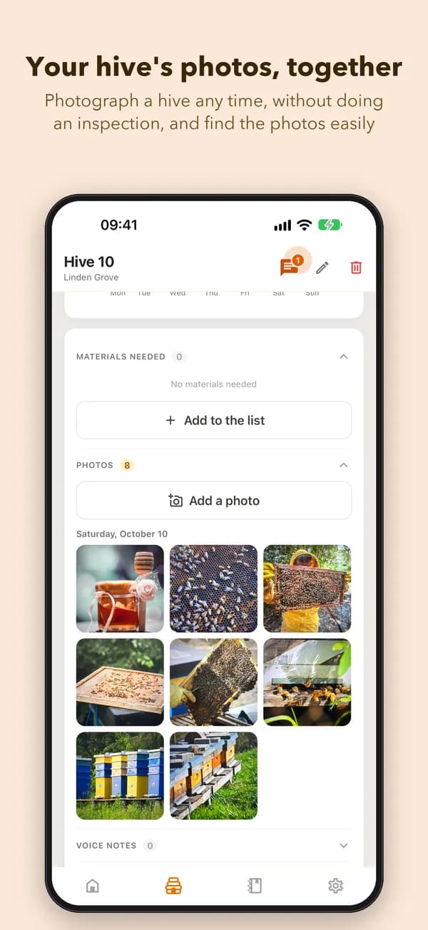 Your hive's photos, together. Photograph a hive any time, without doing an inspection, and find the photos easily