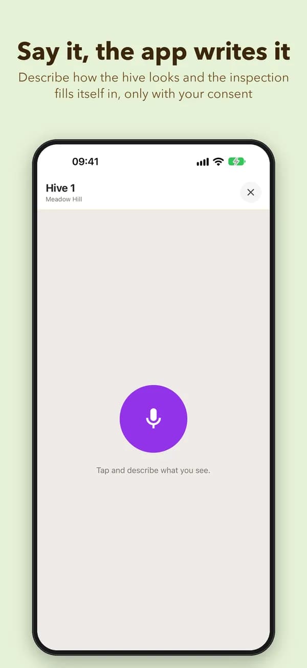 Say it, the app writes it. Describe how the hive looks and the inspection fills itself in, only with your consent