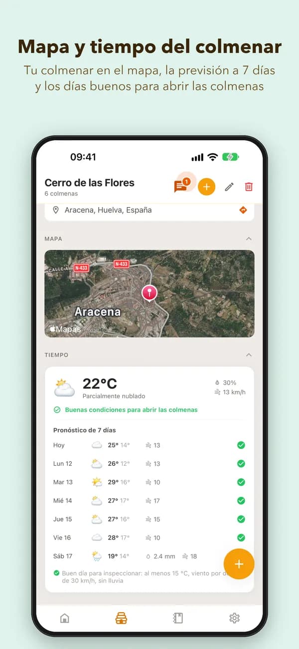 Mapa y tiempo del colmenar. Tu colmenar en el mapa, la previsión a 7 días y los días buenos para abrir las colmenas