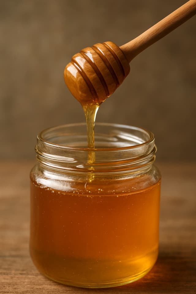 Frasco de miel con esparcidor de madera mostrando miel de calidad dorada