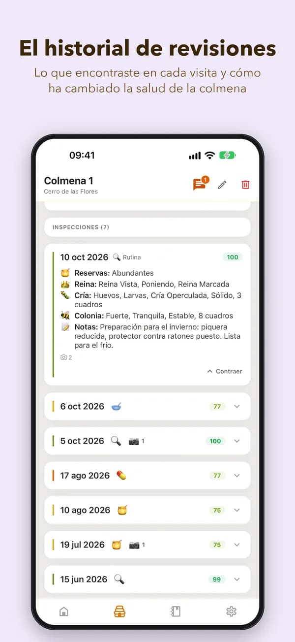 El historial de revisiones. Lo que encontraste en cada visita y cómo ha cambiado la salud de la colmena