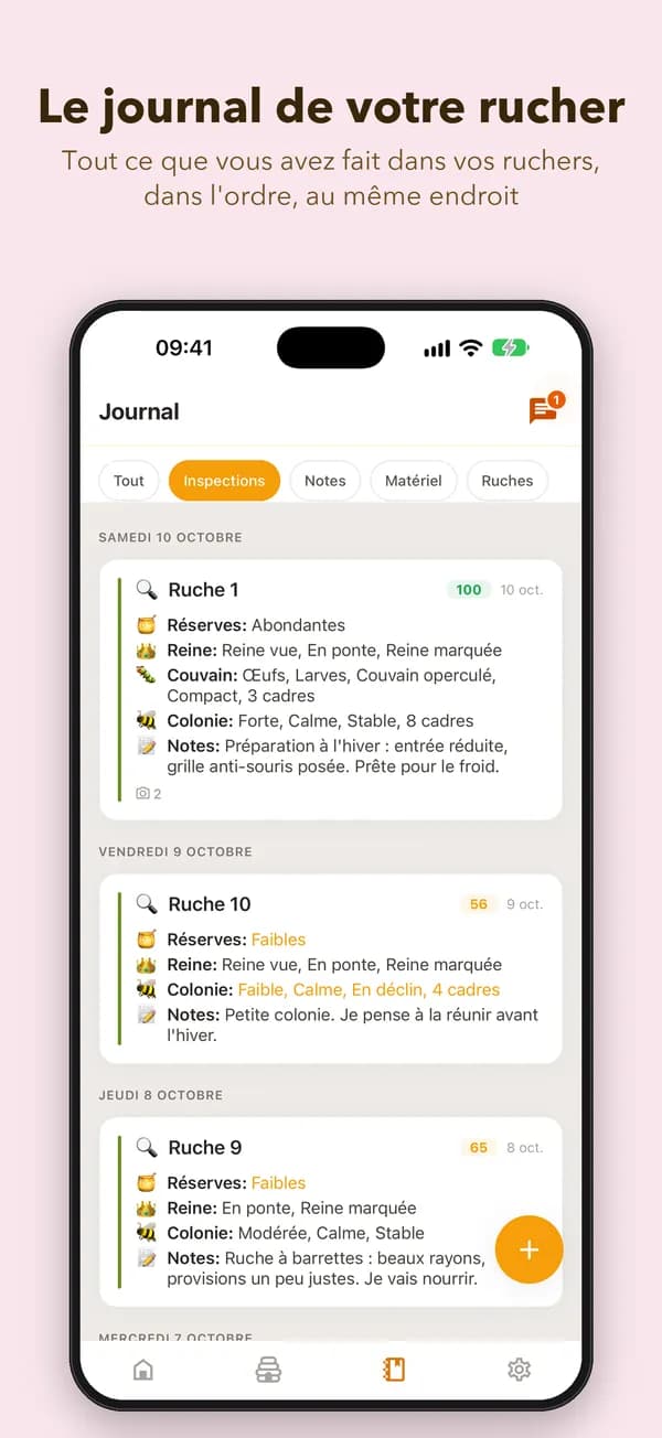 Le journal de votre rucher. Tout ce que vous avez fait dans vos ruchers, dans l'ordre, au même endroit