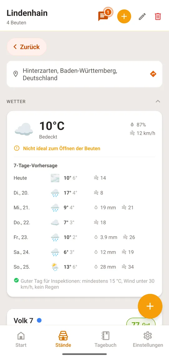 Öffnen Sie den Stand; der Bereich „Wetter“ steht oben