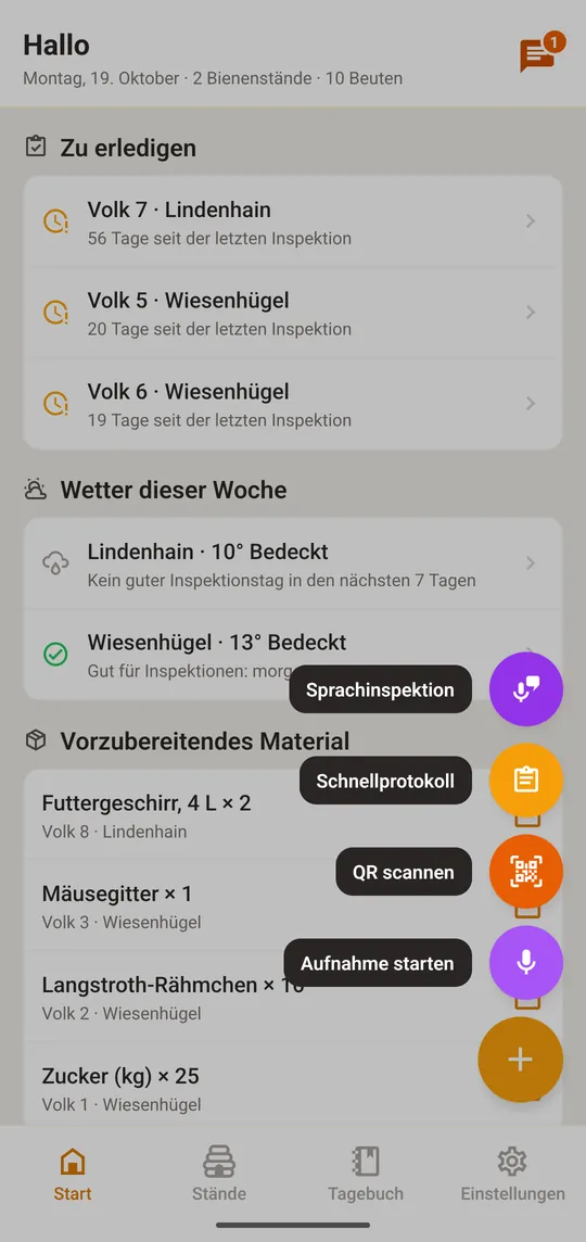 Tippen Sie auf die Taste +, wählen Sie „Schnellprotokoll“ und das Volk