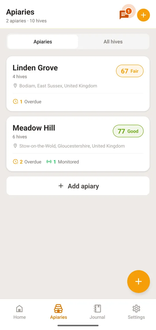 Open “Apiaries” and tap the first apiary