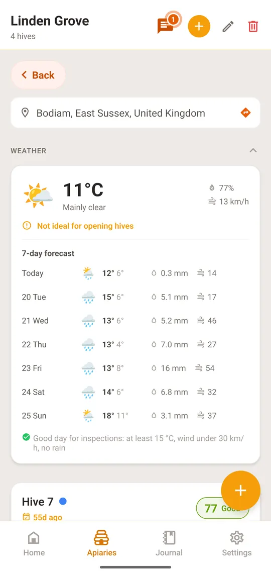 Open the apiary; the “Weather” section is at the top