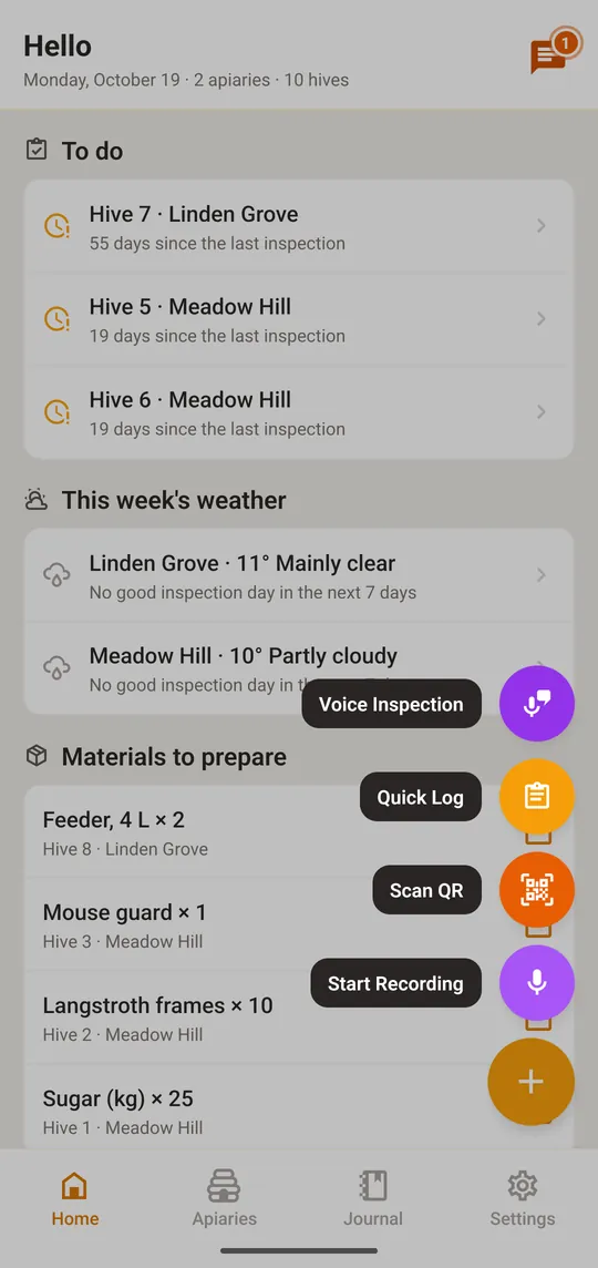 Tap the + button, choose “Quick Log” and pick the hive