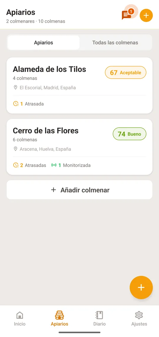 Abre «Apiarios» y toca el primer colmenar