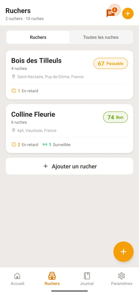 Ouvrez «Ruchers» et touchez le premier rucher