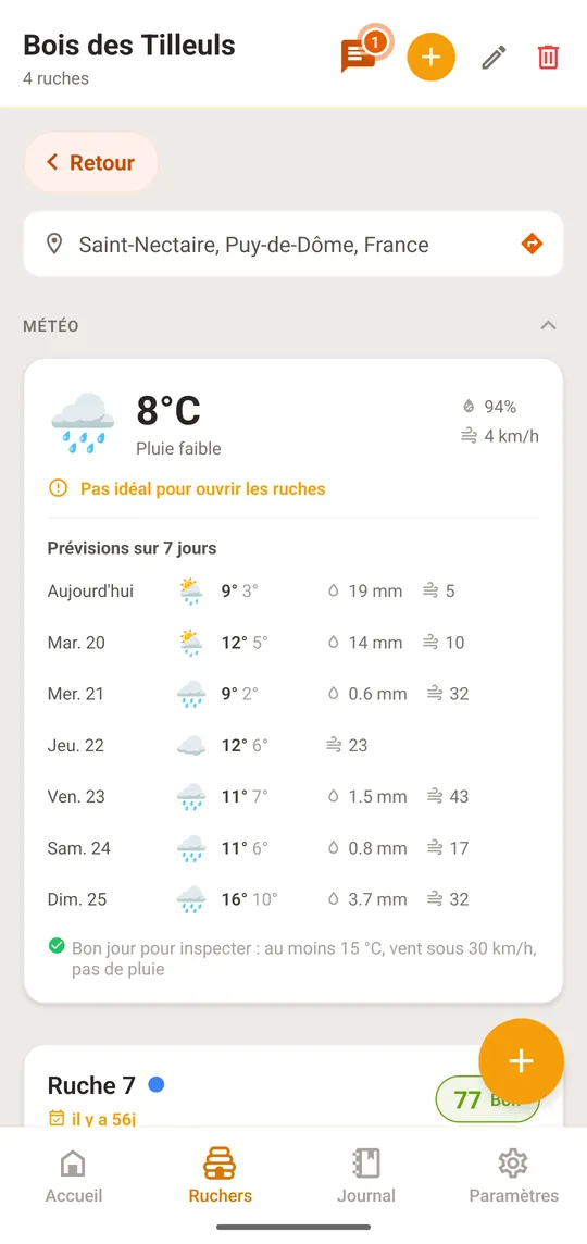 Ouvrez le rucher ; la section «Météo» est en haut