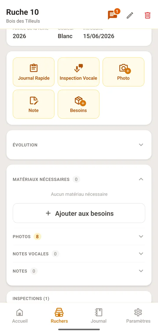 Ouvrez une ruche depuis «Ruchers» et touchez la section «Évolution»
