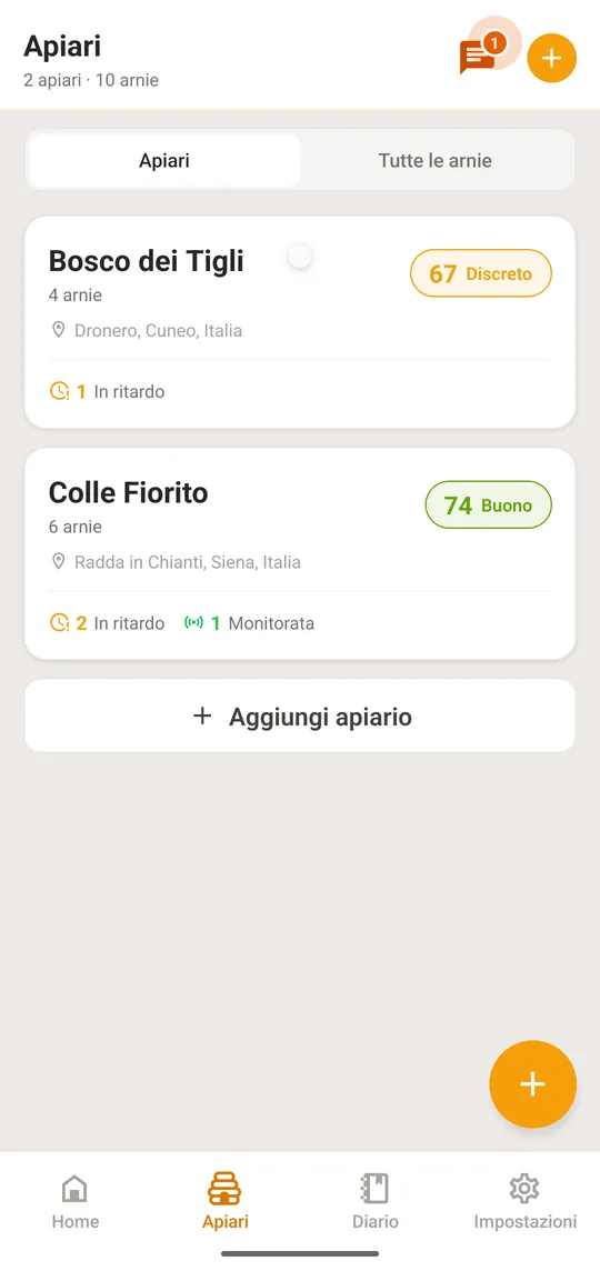 Apri «Apiari» e tocca il primo apiario