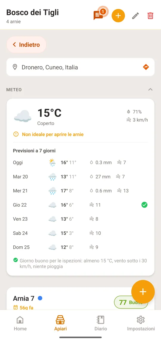 Apri l’apiario; la sezione «Meteo» è in alto