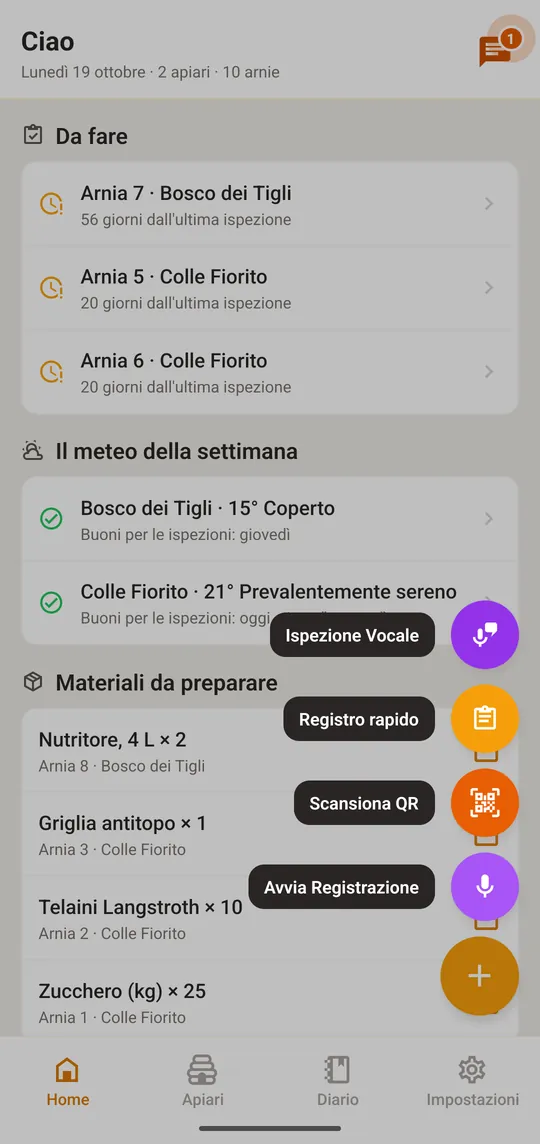 Tocca il pulsante +, scegli «Registro Rapido» e l’arnia