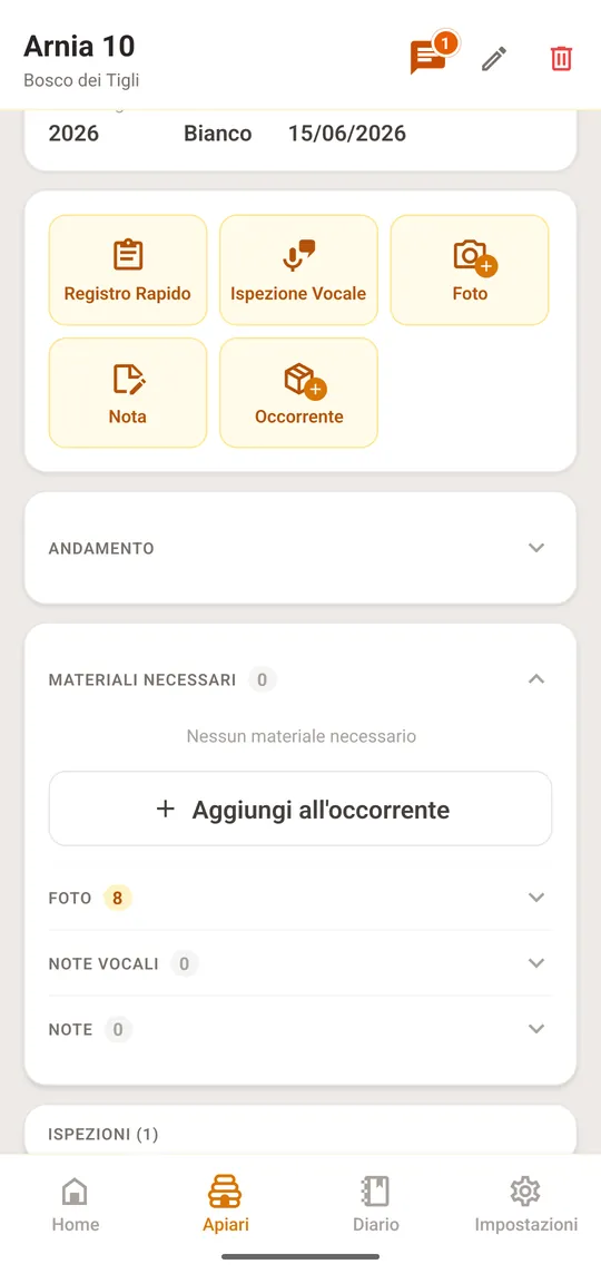 Apri un’arnia da «Apiari» e tocca la sezione «Andamento»